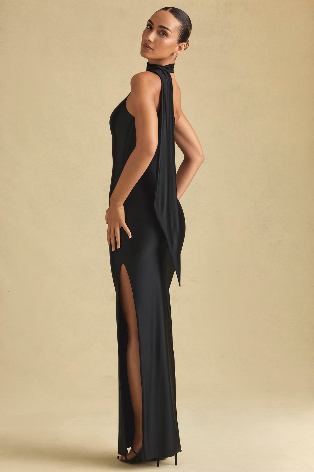 Asymmetric Scarf-Detail Maxi Dress in Black