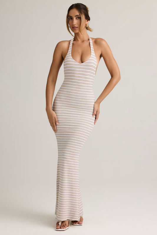Modal Halterneck Maxi Dress in Pink Yellow Stripe
