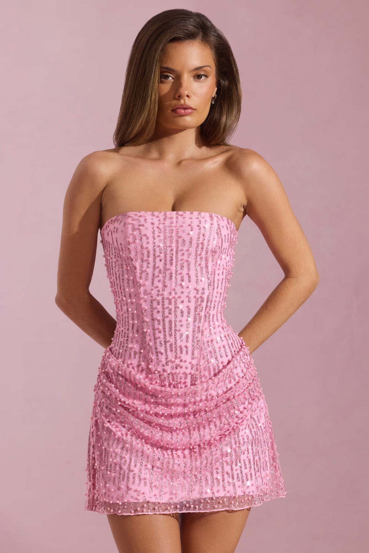 Embellished Draped Strapless A-Line Mini Dress in Pink