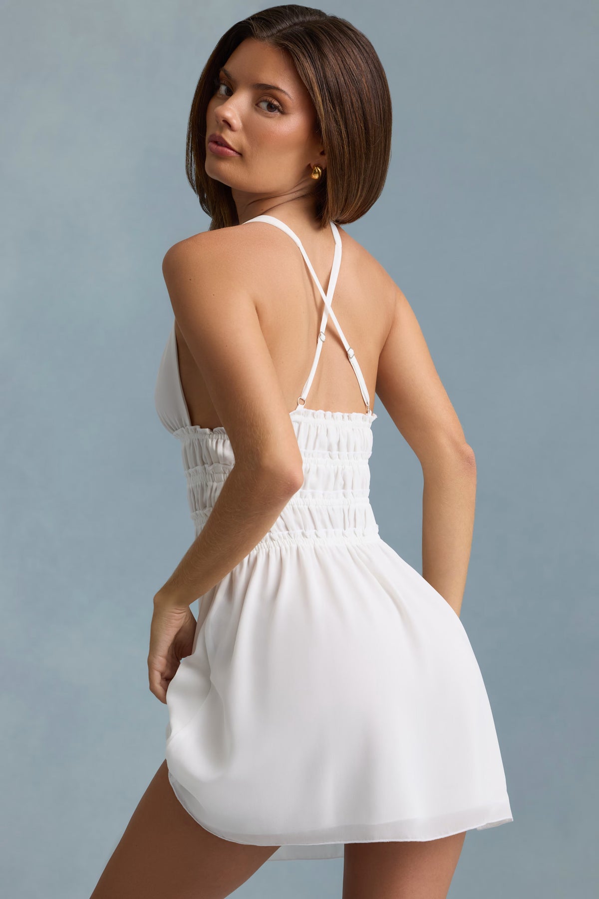 Plunge Cross-Back Mini Dress in White