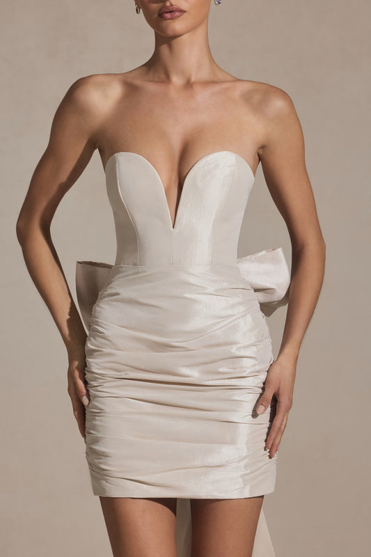 Off-Shoulder Draped Mini Dress in Ivory
