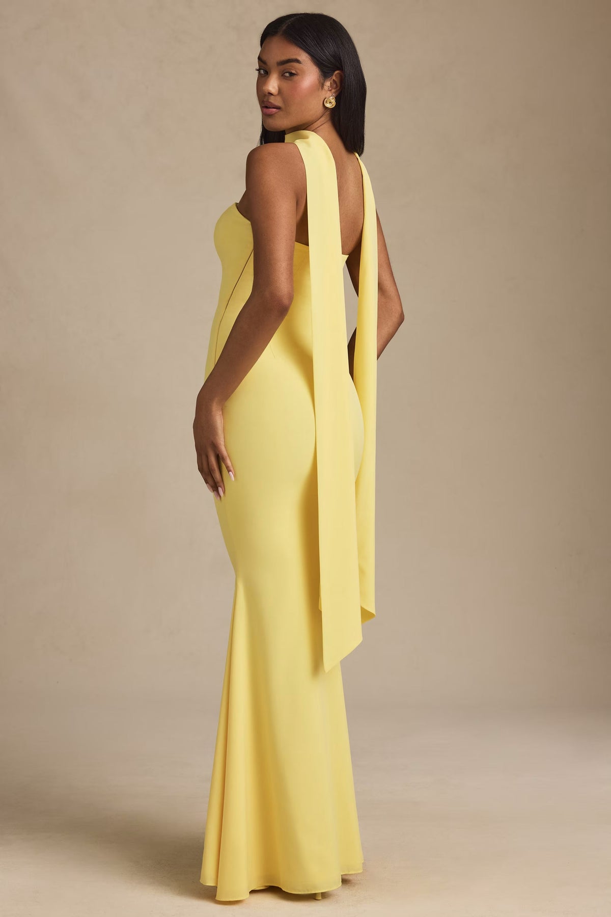 Scarf-Detail Strapless Gown in Pastel Yellow