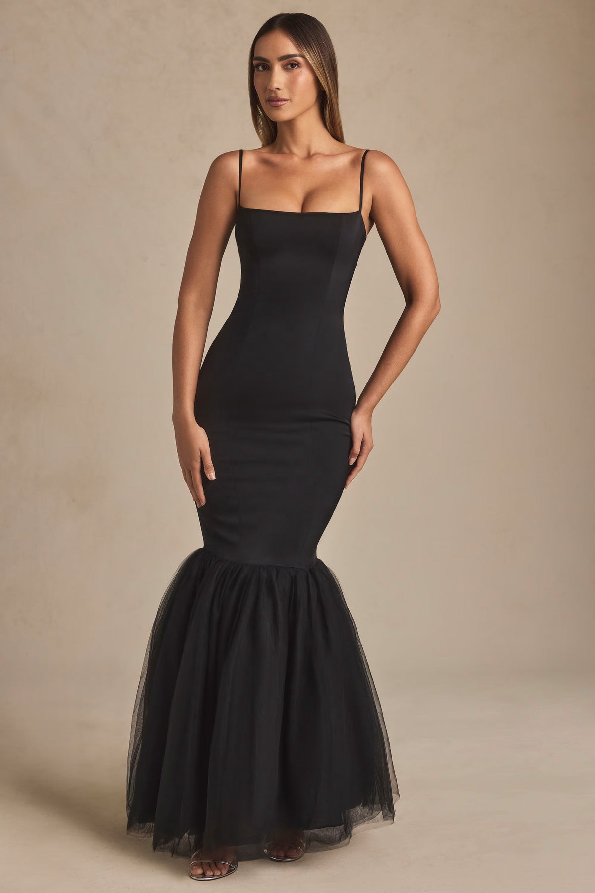 Tulle Hem Fishtail Gown in Black
