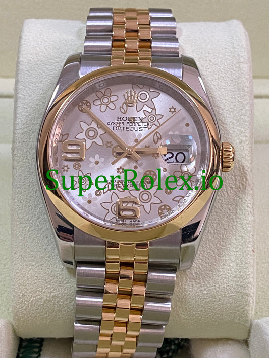 Rolex Datejust 36 Yellow Gold Silver Floral Motif Dial Ref.116203
