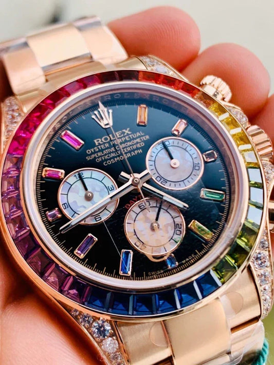 BLF Factory 1:1 Rolex Daytona 116589RBOW YG Rainbow Crystal Best Edition Black Dial A4130