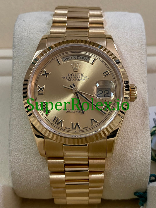 Rolex Day-Date 36MM Yellow Gold Champagne Roman Dial Ref.118238