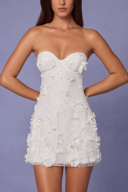 Embellished Bandeau A-line Mini Dress in White