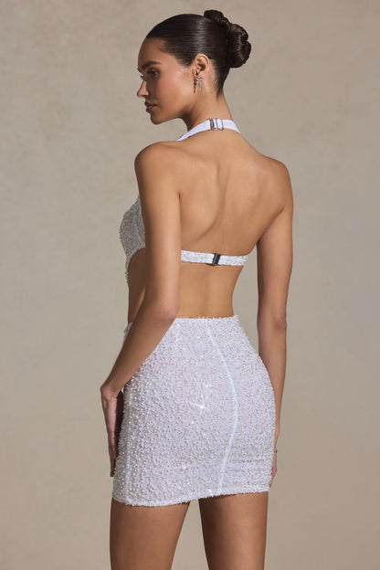 Embellished Cut-Out Halterneck Mini Dress in White