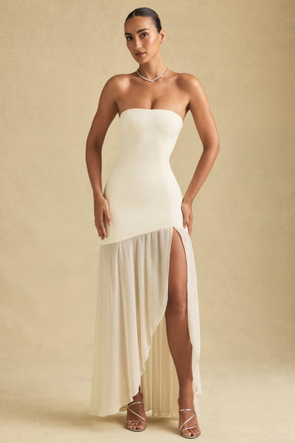 Asymmetric Strapless Fishtail Maxi Dress in Ivory