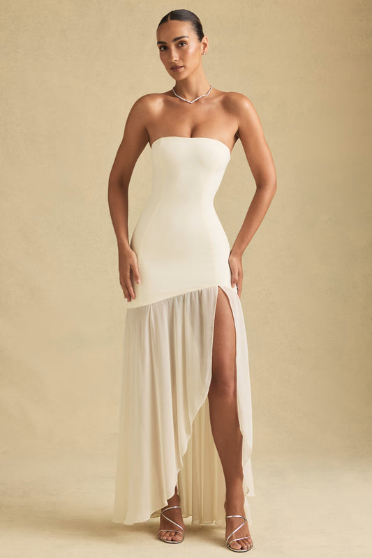 Asymmetric Strapless Fishtail Maxi Dress in Ivory