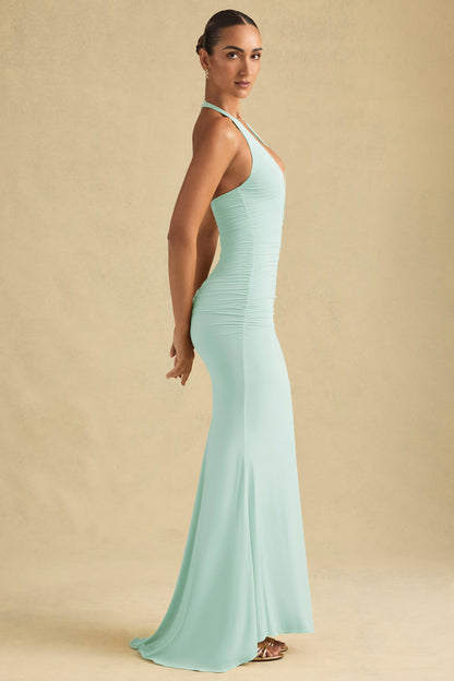 Ruched Backless Halterneck Gown in Mint