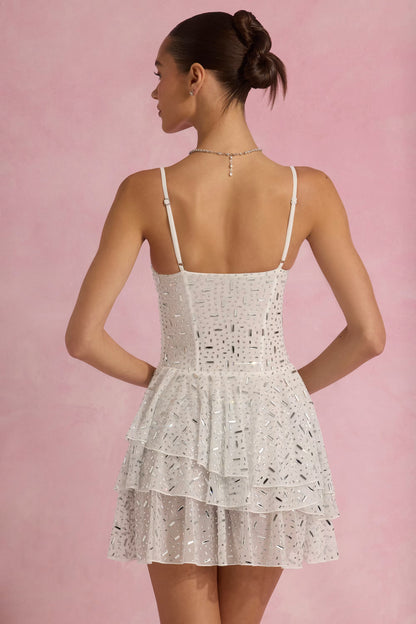Embellished Ruffled Tiered Mini Dress in White