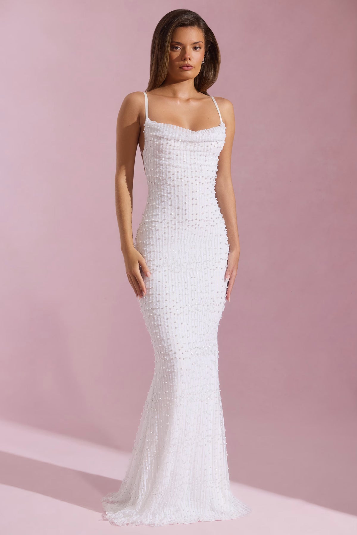 Embellished Cowl-Neck Backless Maxi Dress in White