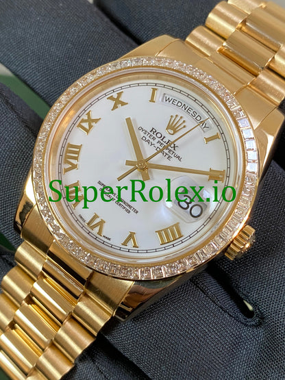Rolex Day-Date 36MM Yellow Gold White Roman Dial Ref.118398BR