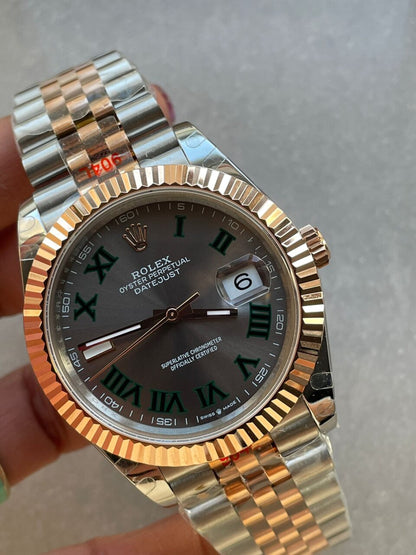 GMF GM Factory 1:1 Rolex DateJust Men 41mm  'wimbledon' RG and SS V2 Grey textured Dial Roman Markers