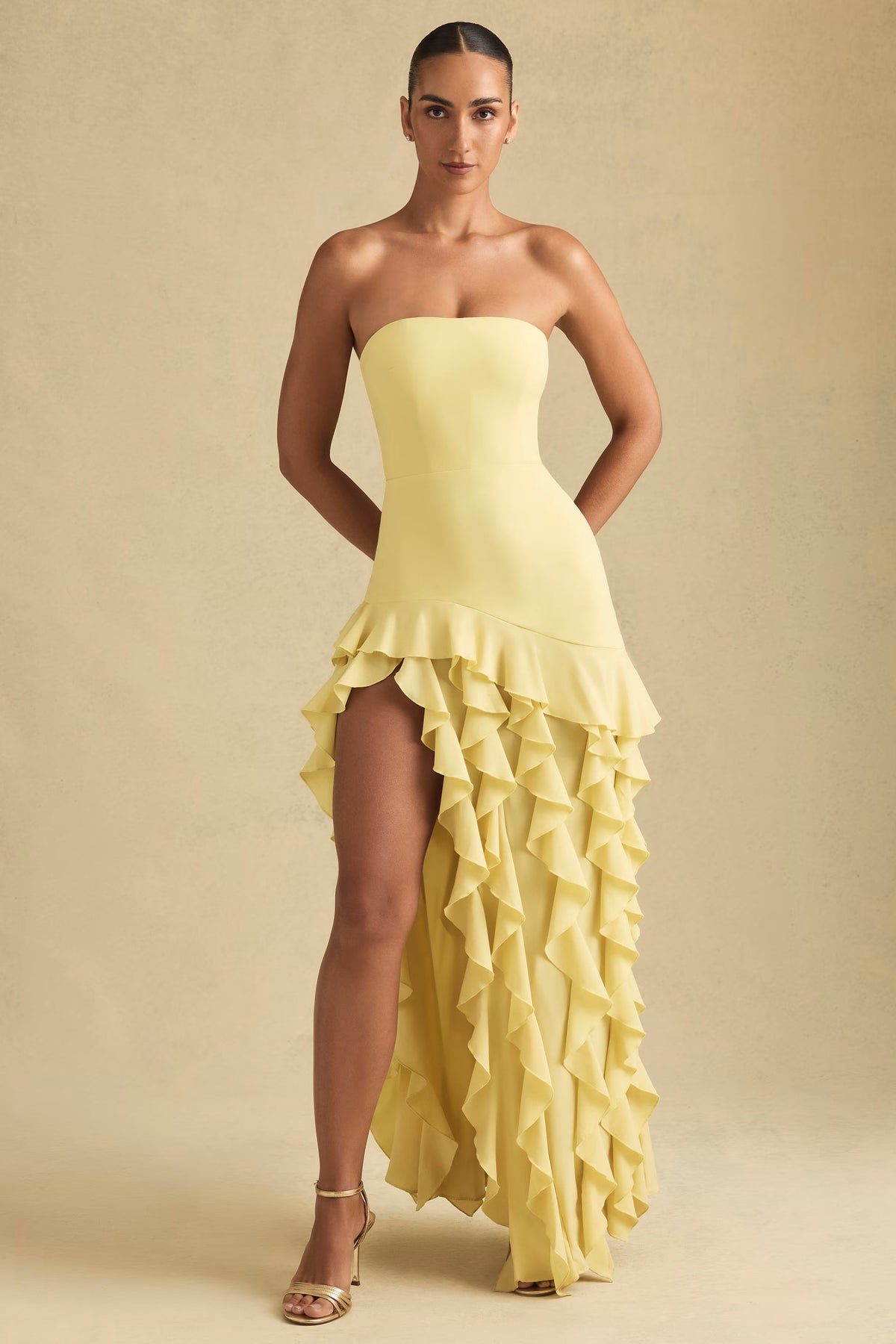 Ruffle-Trim Strapless Gown in Pastel Yellow