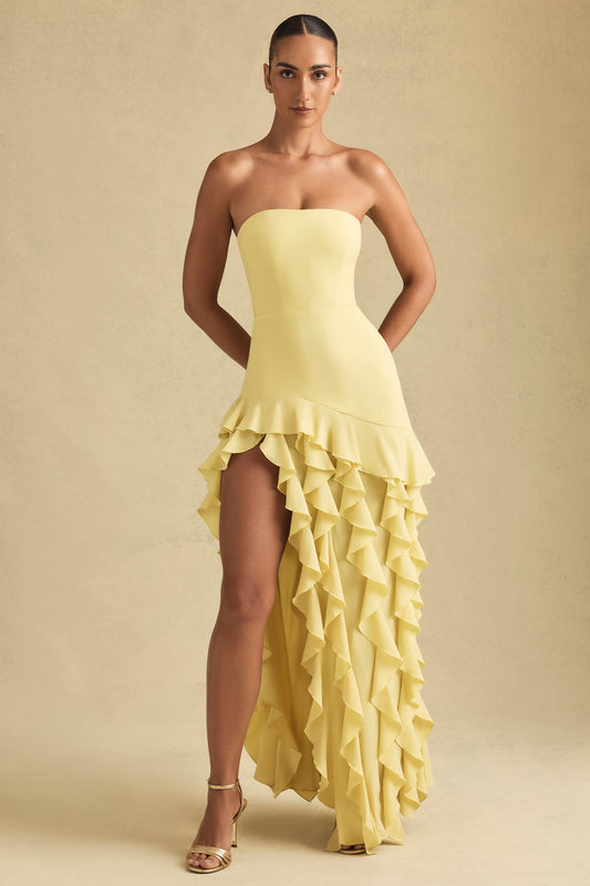 Ruffle-Trim Strapless Gown in Pastel Yellow