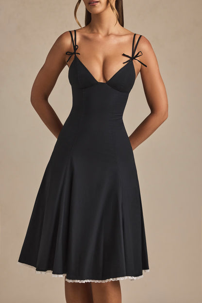 Bow-Detail Lace-Trim A-Line Midi Dress in Black