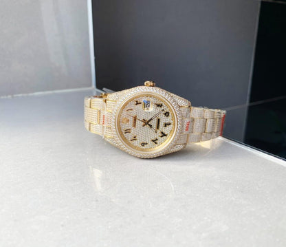 Rolex OYSTER PERPETUAL 41mm 904L SS SILVER/GOLD MOISSANITE DIAMONDS BRACELET AND DIAL A2824 iced out