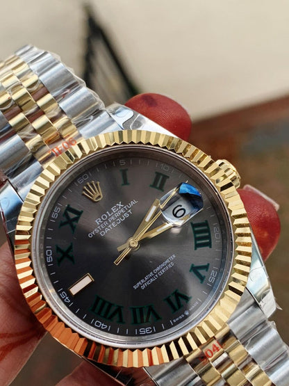 REF Factory 1:1 Best Rolex New DateJust 41 126334 SS/YG Edition Gray Dial Green Roman Markers A3235