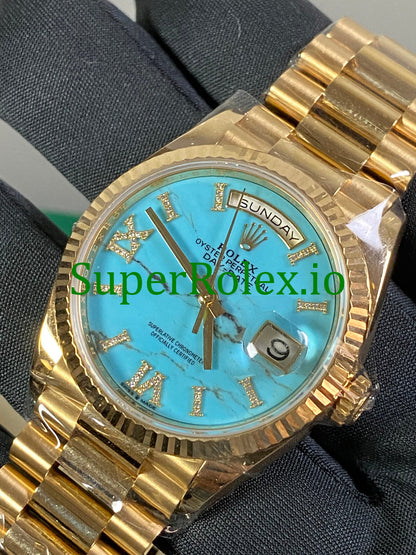 Rolex Day-Date 36MM Yellow Gold Turquoise Diamond-Set Dial Ref.128238