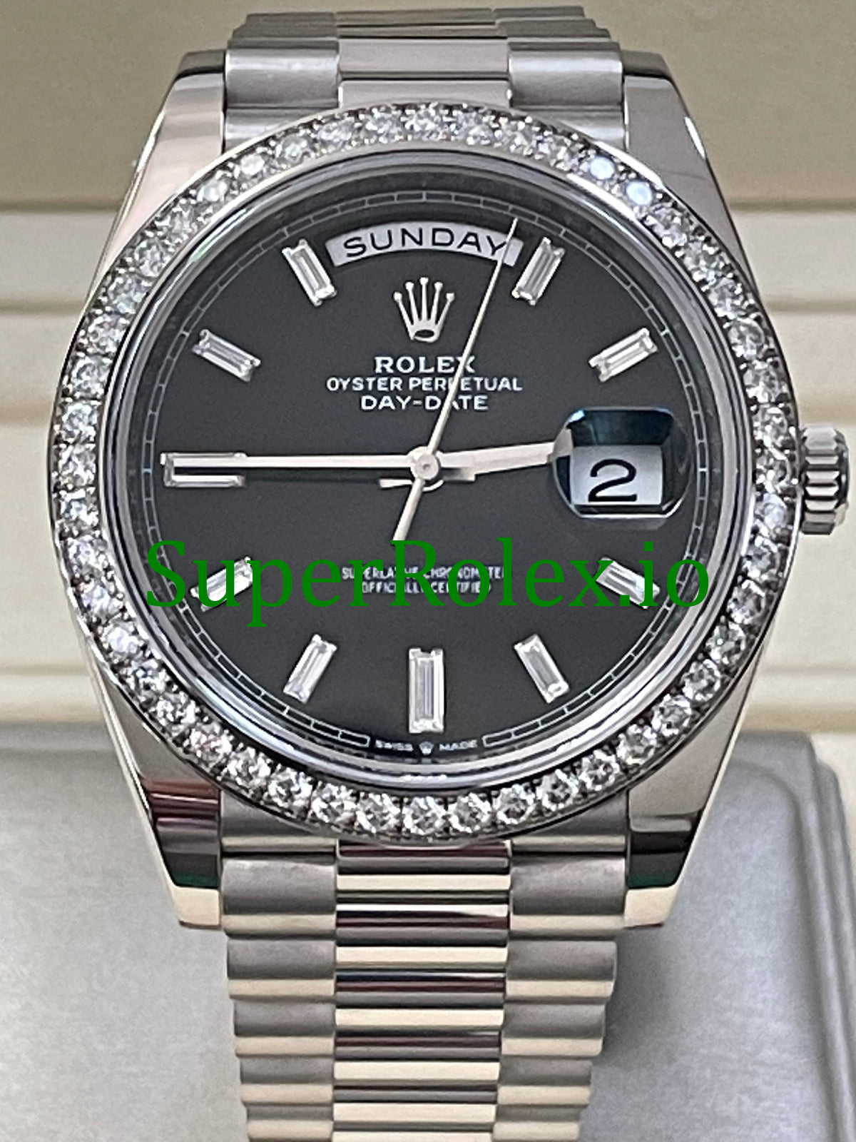 Rolex Day-Date 40 White Gold Ref.228349RBR Black Baguette Diamond Dial