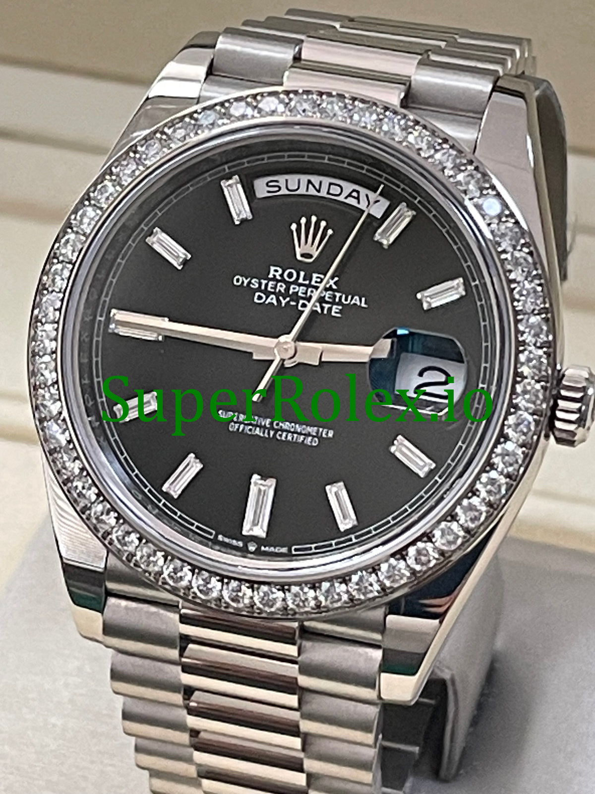 Rolex Day-Date 40 White Gold Ref.228349RBR Black Baguette Diamond Dial